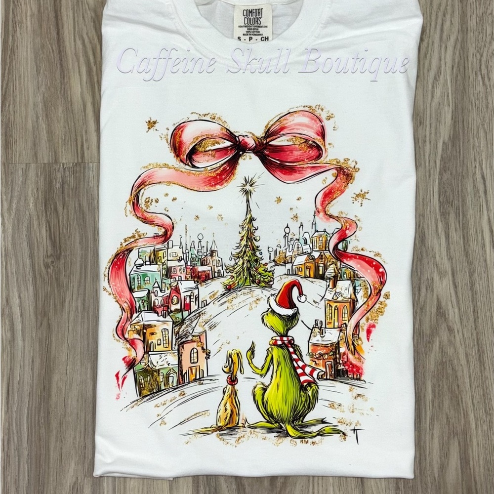 Comfort Colors White Tee with cute grinch and max looking at whoville